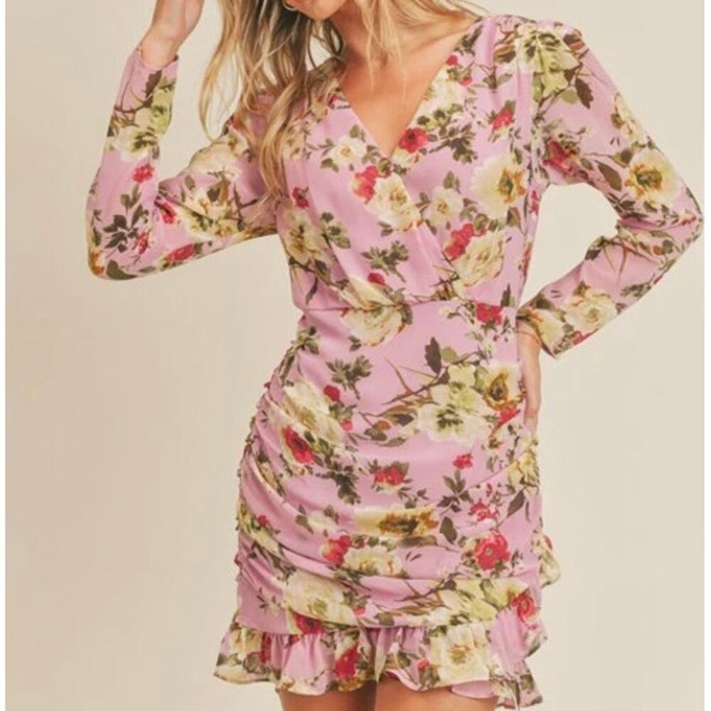 LUSH Mauve Floral Ruffle Hem Rouched Surplice Bodice Long Sleeve Mini Dress Lrg